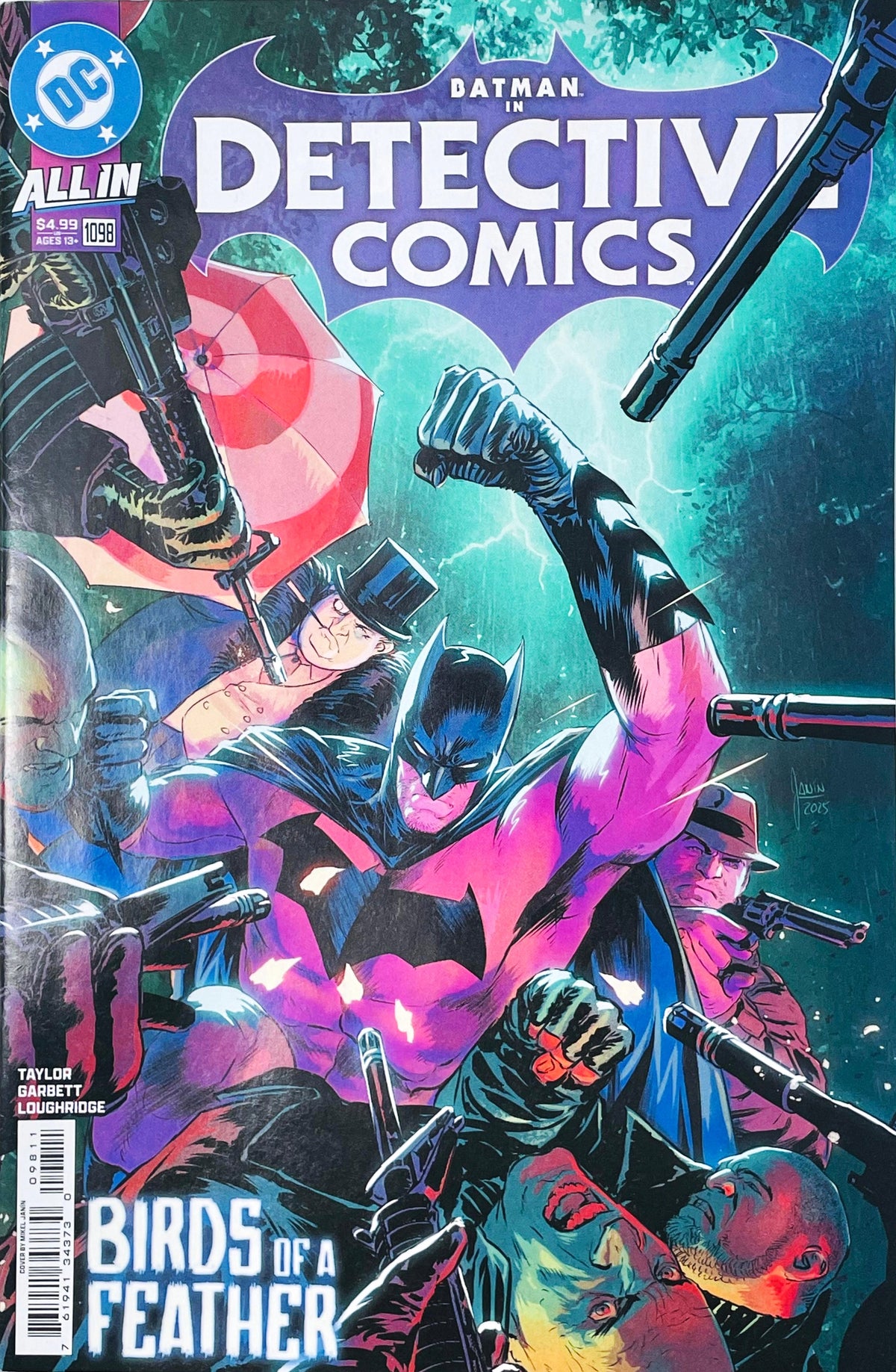 Detective Comics issue 1098 comic book published by DC Comics featuring Mikel Janín cover art of Batman fighting armed henchmen and The Penguin holding an umbrella.