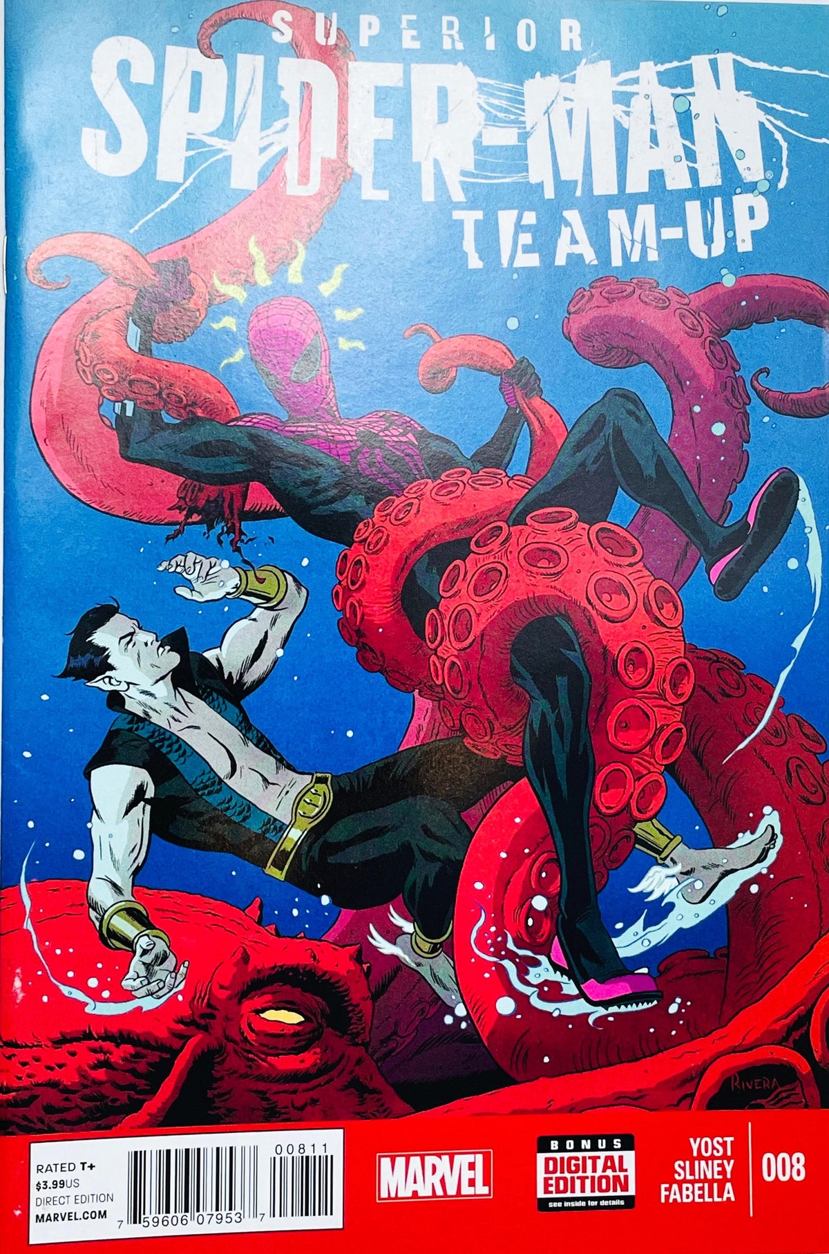 Superior Spider-Man Team-Up issue 8 comic book published by Marvel Comics featuring Paolo Rivera cover art of Namor fighting a giant octopus entangling Spider-Man underwater.