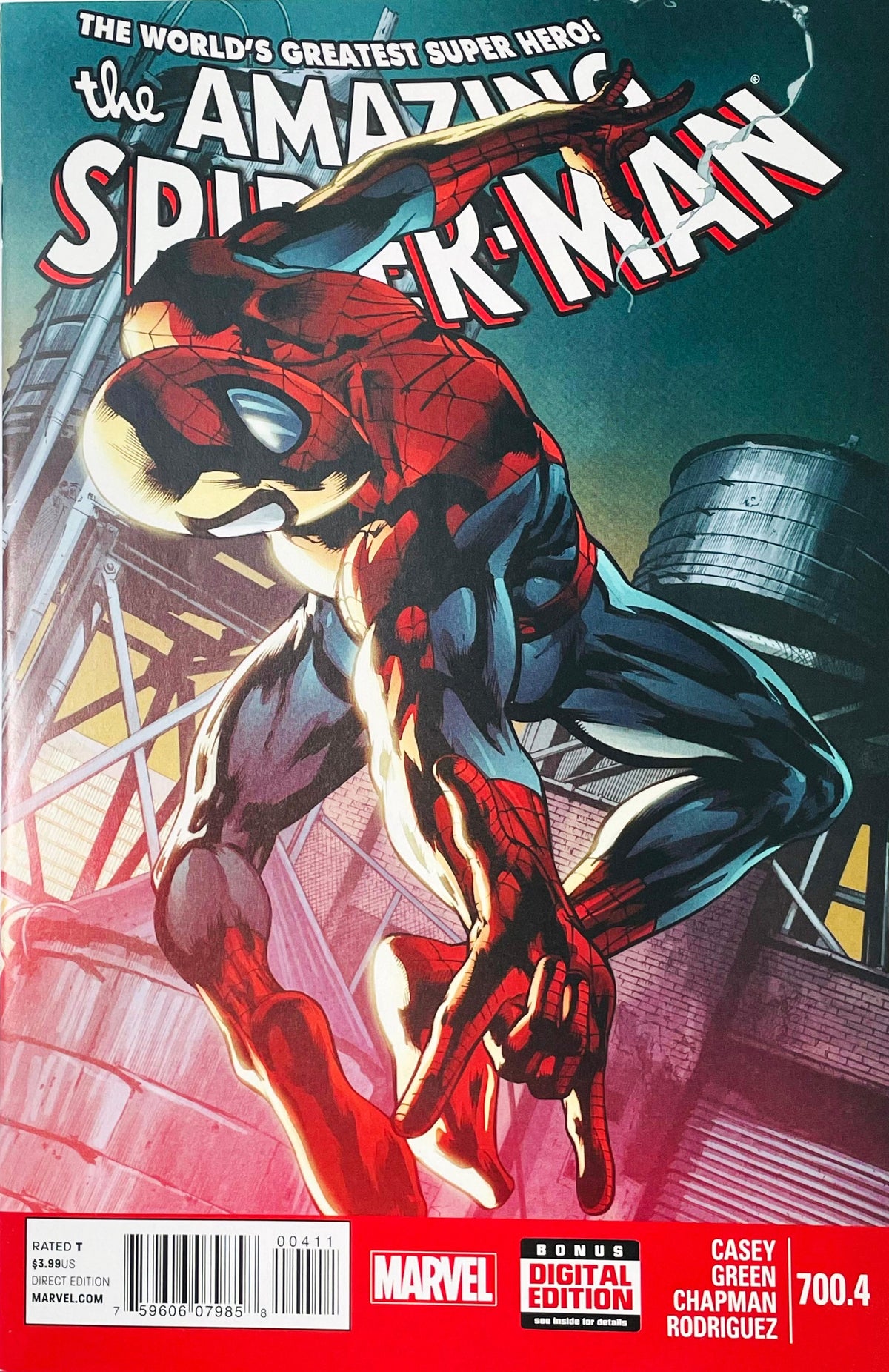 The Amazing Spider-Man issue 700.4 comic book published by Marvel Comics featuring Sanford Greene cover art of Spider-Man leaping forward from a rooftop water tower.
