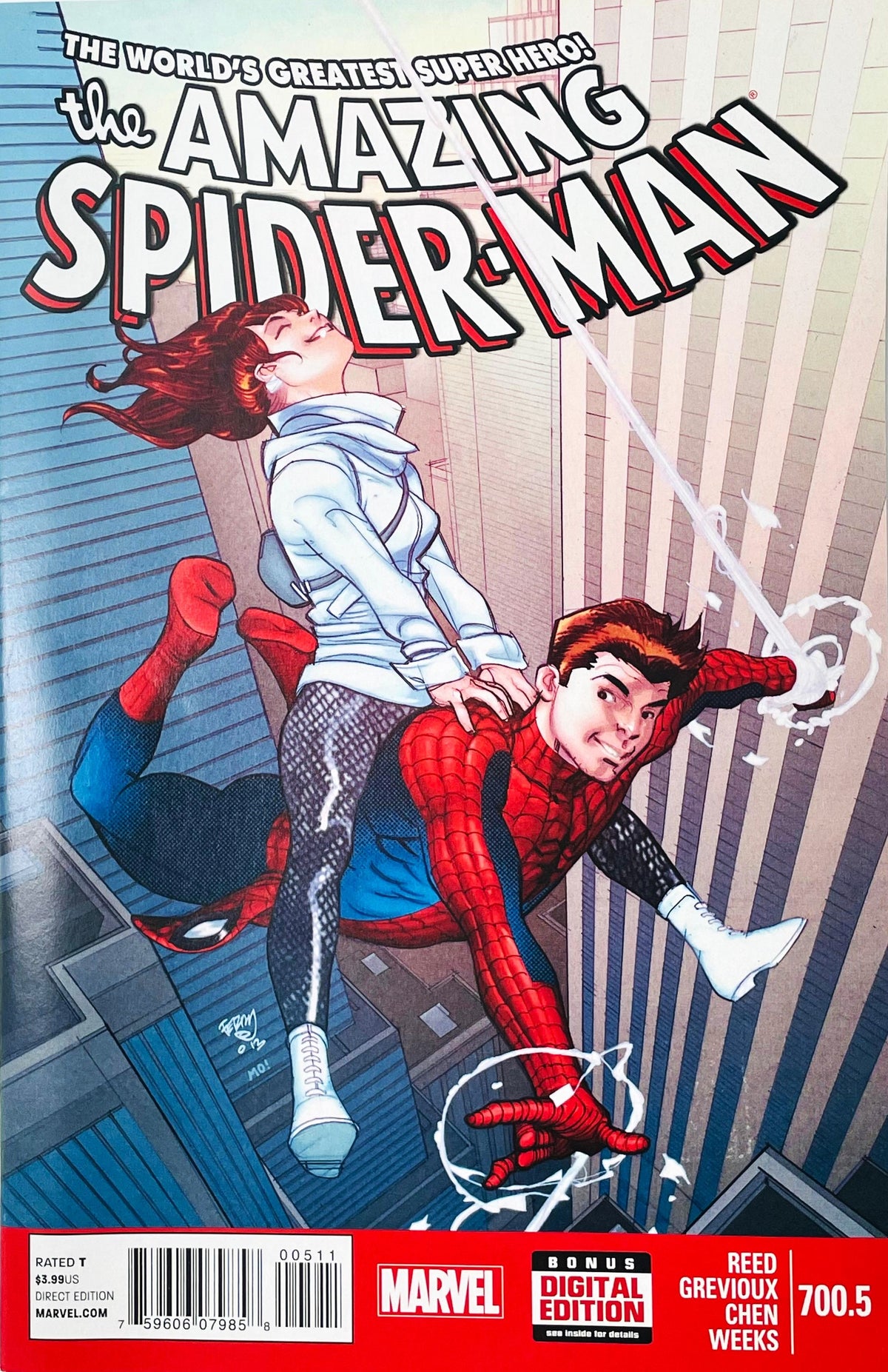 The Amazing Spider-Man issue 700.5 comic book published by Marvel Comics featuring Terry Dodson cover art of unmasked Peter Parker web-swinging with Mary Jane Watson on his back.