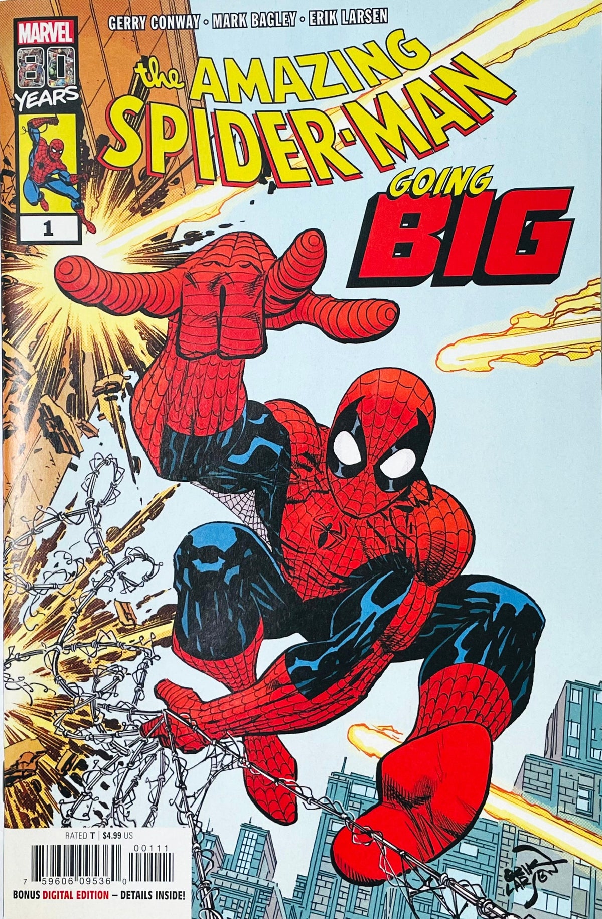 The Amazing Spider-Man: Going Big issue 1 comic book published by Marvel Comics featuring Erik Larsen cover art of Spider-Man leaping forward out of an explosion.