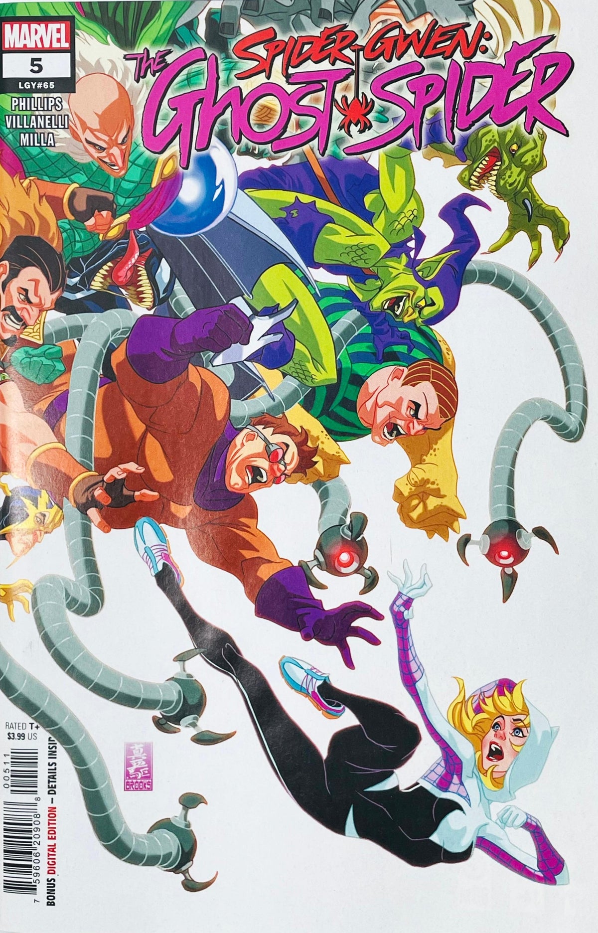 The Spider-Gwen: Ghost-Spider issue 5 comic book published by Marvel Comics featuring Mark Brooks cover art of Spider-Gwen fighting Doctor Octopus and the Sinister Six.