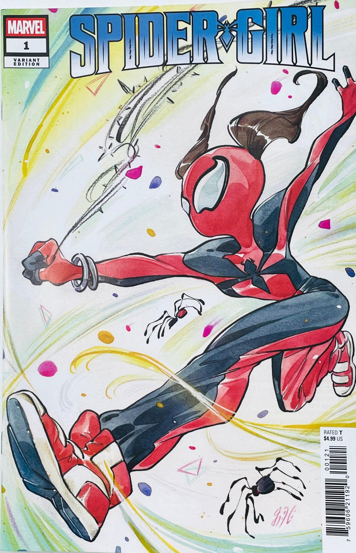 Spider-Girl issue 1 Variant Edition comic book published by Marvel Comics featuring cover art of Mayday Parker leaping in her Spider-Girl suit with high-top sneakers amidst colorful confetti.