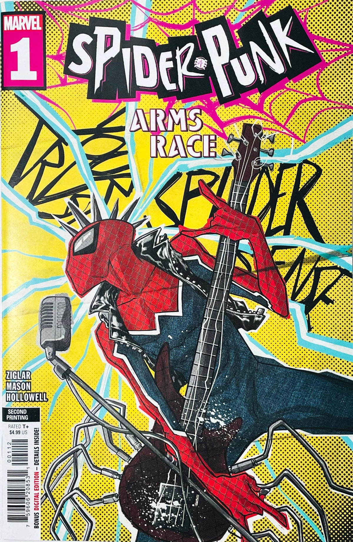 Spider-Punk: Arms Race issue 1 Second Printing comic book published by Marvel Comics featuring Justin Mason cover art of Hobie Brown playing electric guitar.