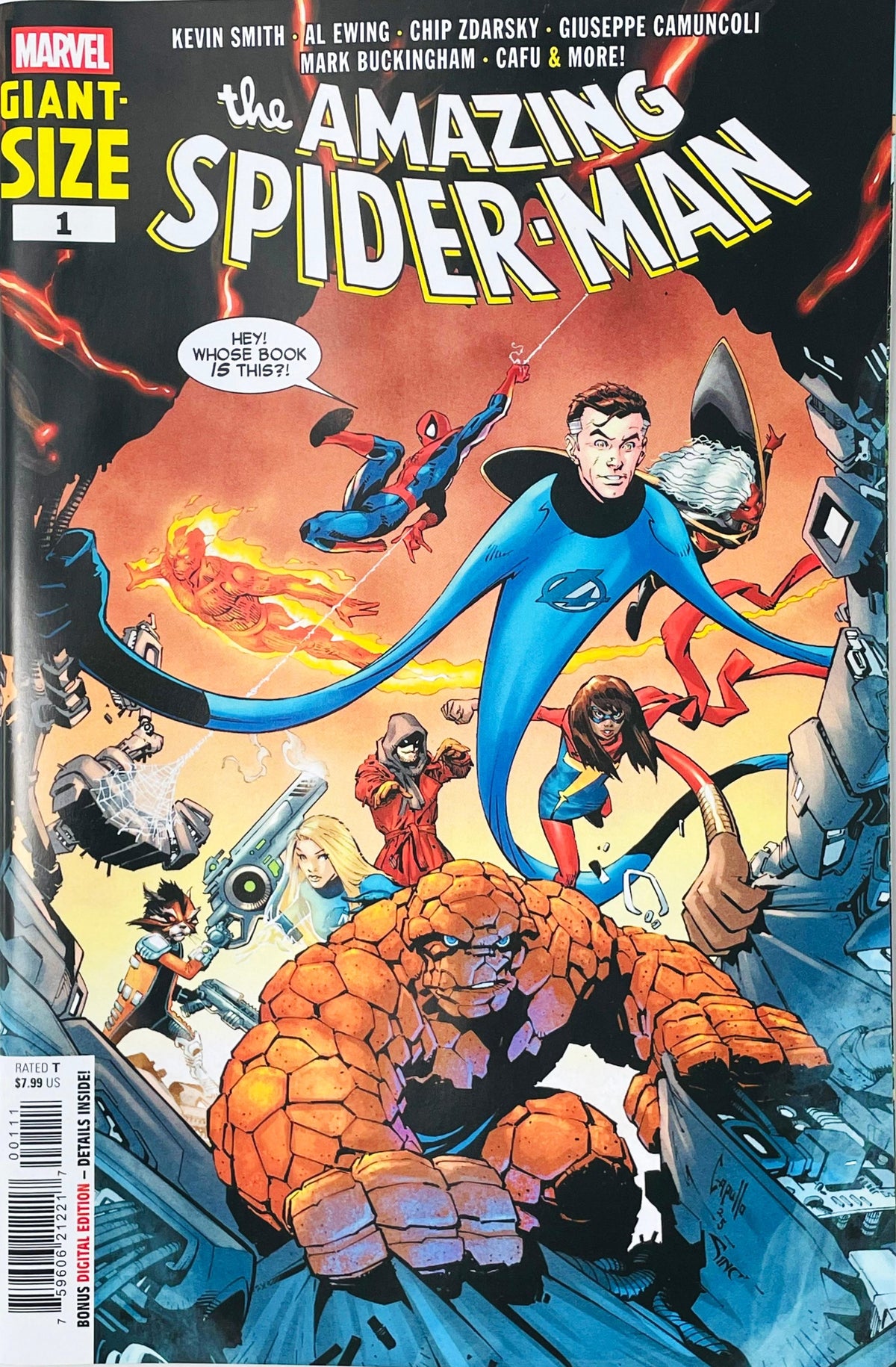 Giant-Size The Amazing Spider-Man issue 1 comic book published by Marvel Comics featuring Greg Capullo cover art of Spider-Man swinging above the Fantastic Four and Marvel heroes.