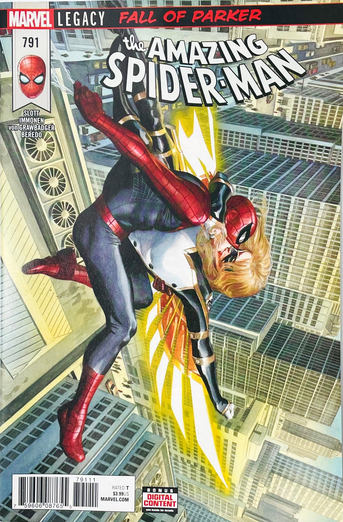 The Amazing Spider-Man issue 791 comic book published by Marvel Comics featuring Alex Ross painted cover art of Spider-Man grappling with Mockingbird above city skyscrapers.