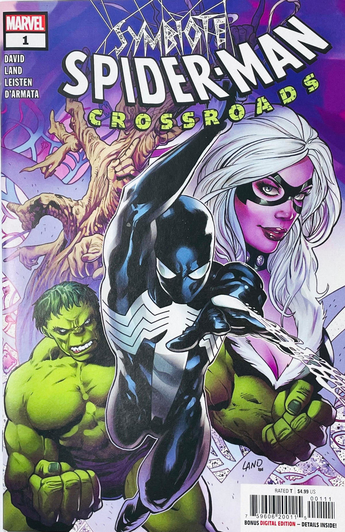 Symbiote Spider-Man Crossroads issue 1 comic book published by Marvel Comics featuring Greg Land cover art of Black Suit Spider-Man, the Incredible Hulk, and Black Cat.