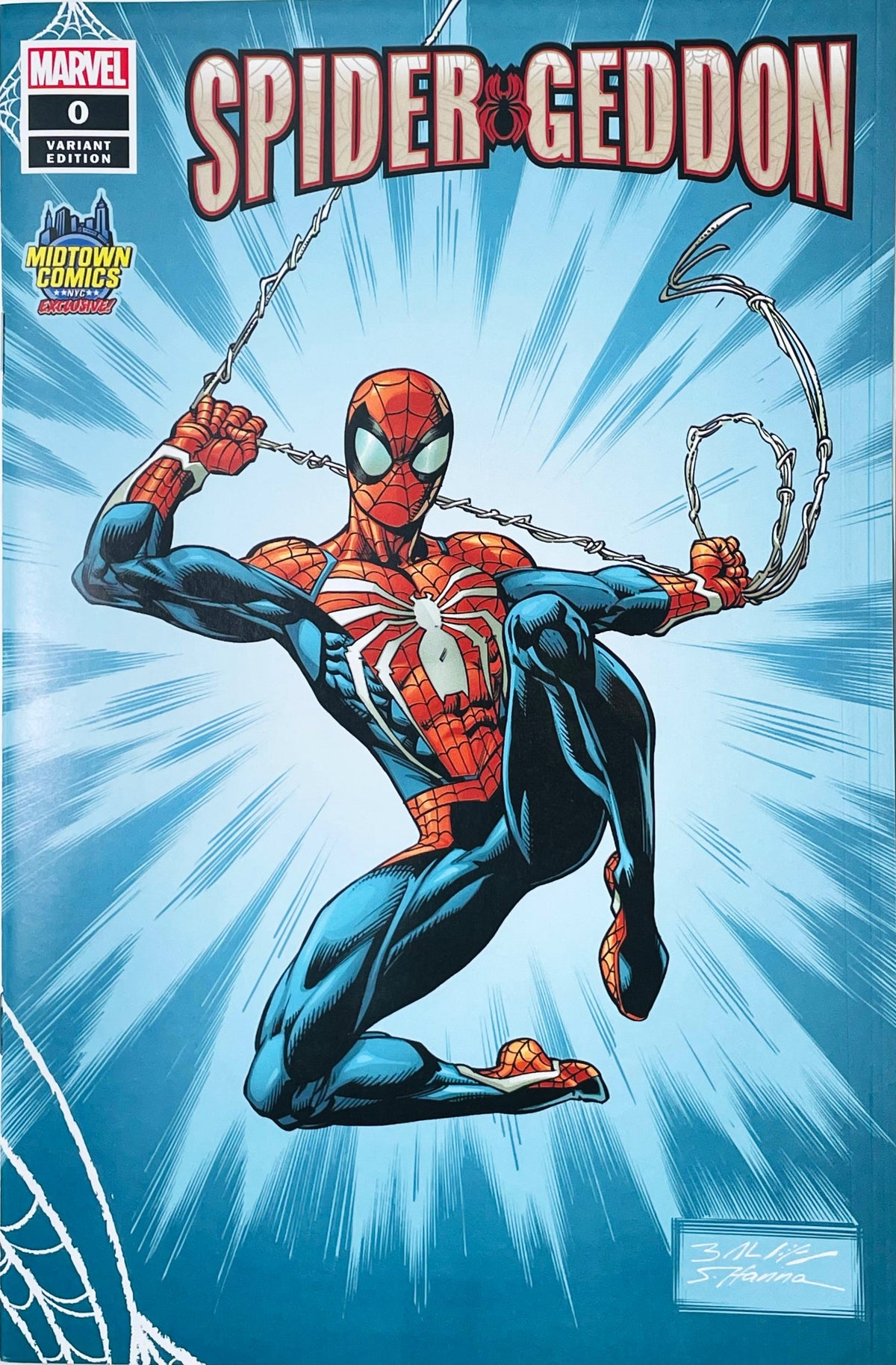 Spider-Geddon issue 0 comic book Midtown Comics Exclusive variant cover by Mark Bagley featuring Playstation PS4 Spider-Man swinging on a web against a blue background.