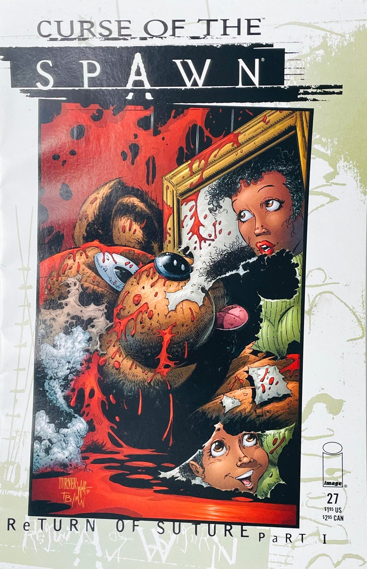 Curse of the Spawn issue 27 comic book published by Image Comics featuring Dwayne Turner cover art of a bloody teddy bear and mirror reflection of Suture.
