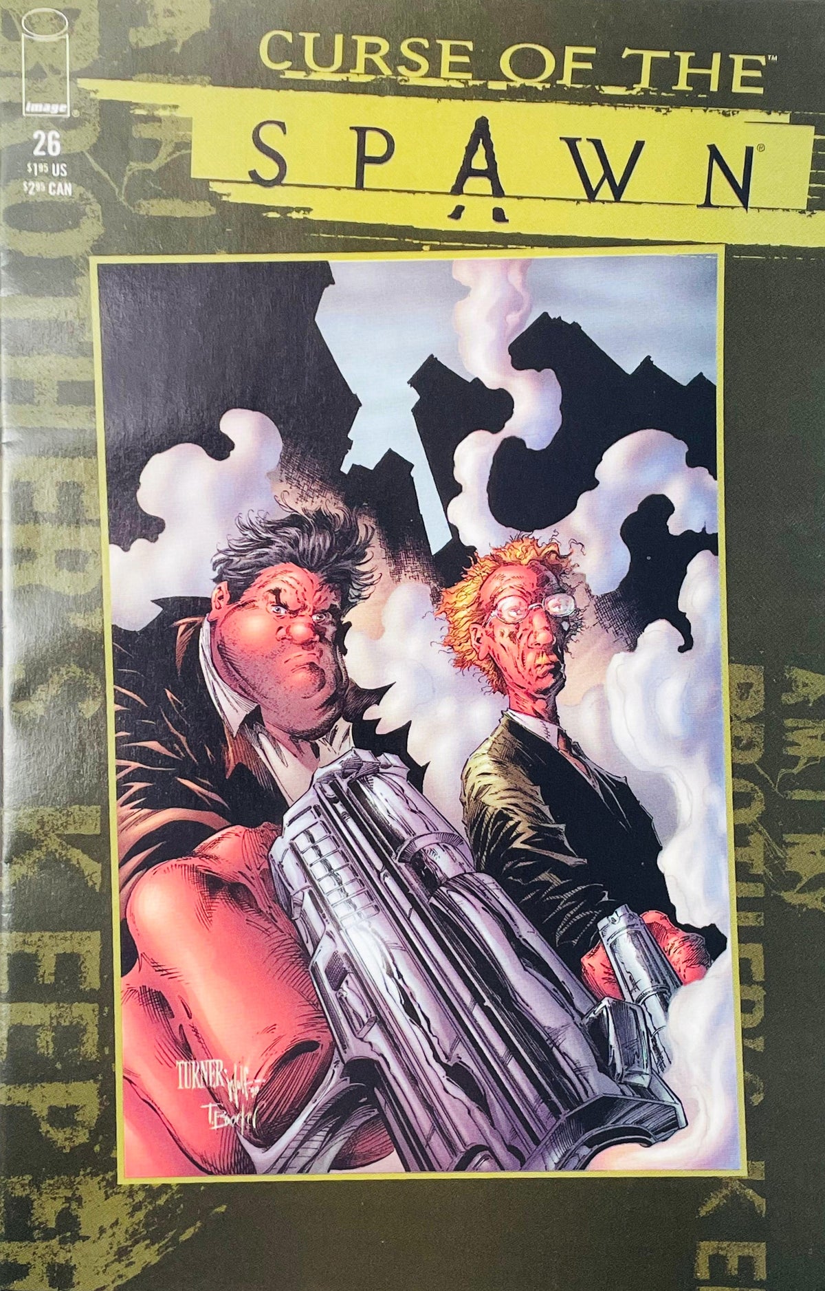 Curse of the Spawn issue 26 comic book published by Image Comics featuring Dwayne Turner cover art of detectives Sam Burke and Twitch Williams emerging from smoke with a large gun.