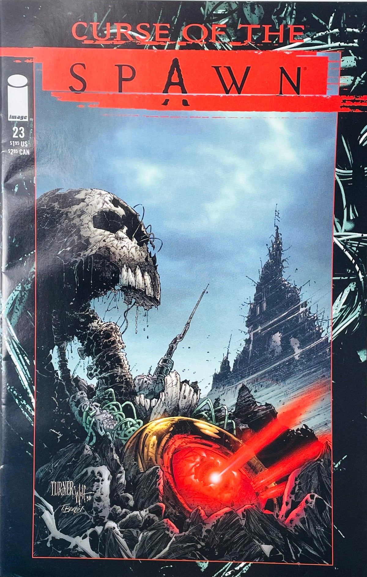 Curse of the Spawn issue 23 comic book published by Image Comics featuring Dwayne Turner cover art of a mechanical skeleton skull and futuristic fortress with red laser beams.