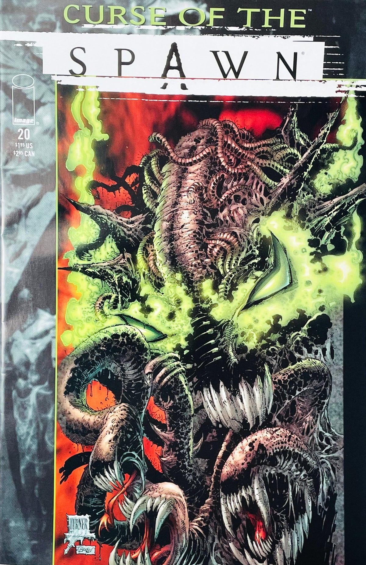 Curse of the Spawn issue 20 comic book published by Image Comics featuring Dwayne Turner cover art of a grotesque Spawn covered in tentacles and green glowing necroplasmic energy.