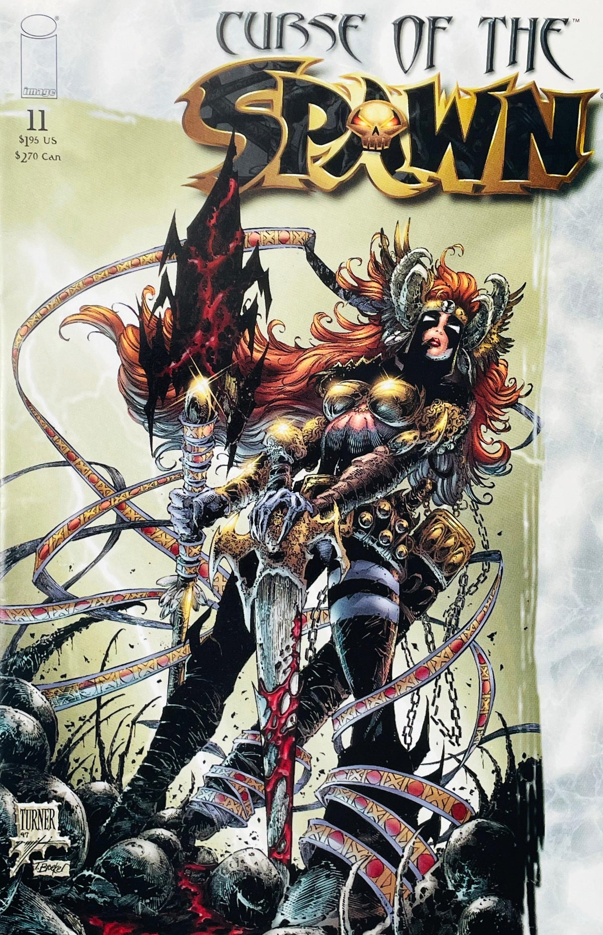 Curse of the Spawn issue 11 comic book published by Image Comics featuring Dwayne Turner cover art of angelic warrior Angela standing on skulls with a broadsword.