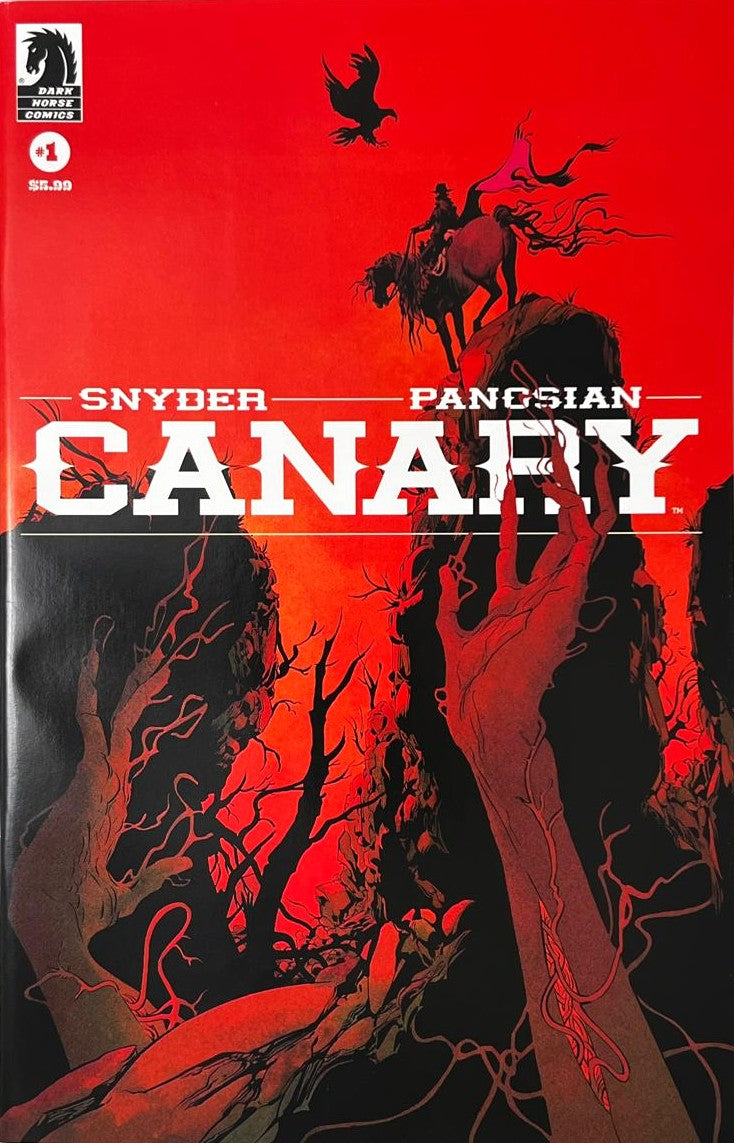 Canary issue 1 comic book published by Dark Horse Comics featuring Dan Panosian cover art of a cowboy riding a horse silhouetted against a red sky with twisted tree roots.