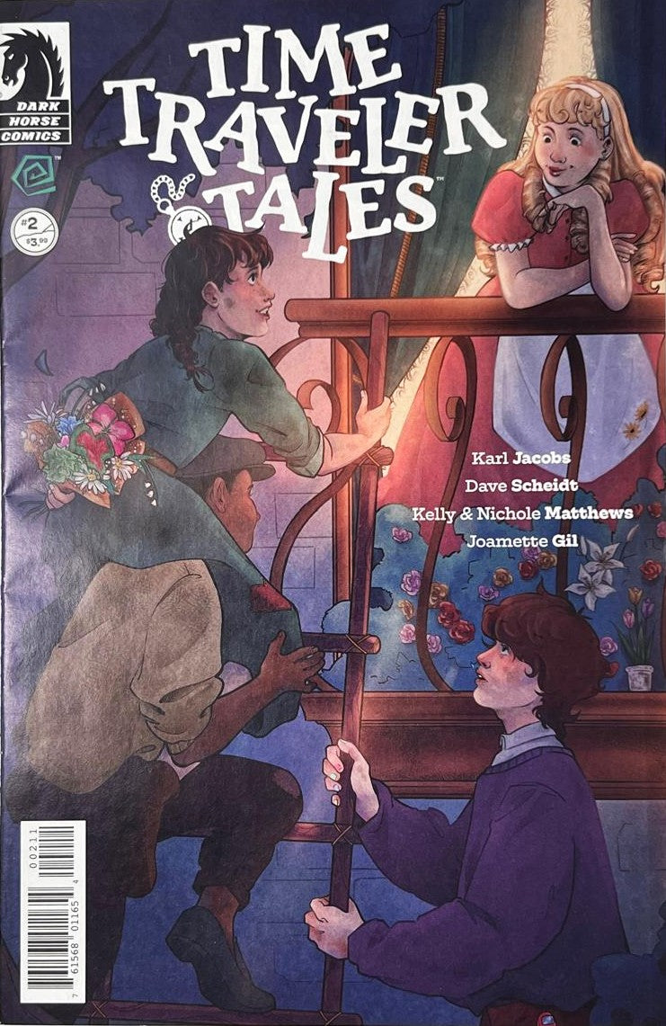 Time Traveler Tales issue 2 comic book published by Dark Horse Comics featuring Kelly and Nichole Matthews cover art of a young boy climbing a ladder to bring flowers to a girl on a balcony.