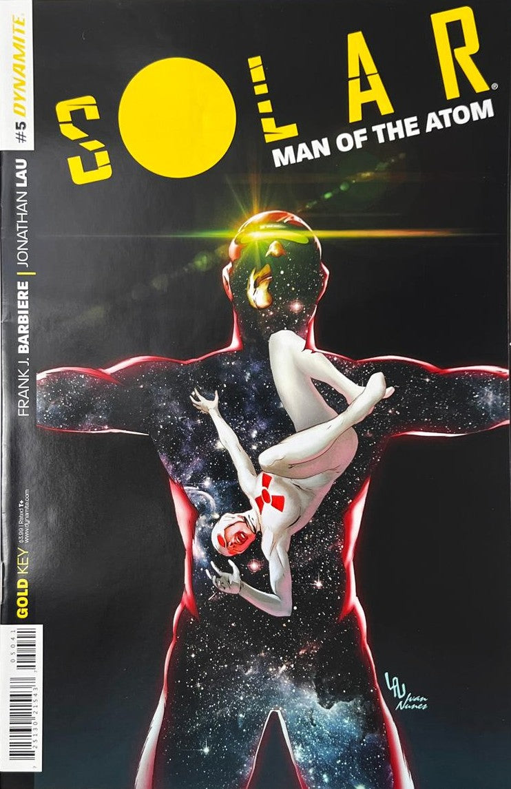 Solar: Man of the Atom issue 5 comic book published by Dynamite and Gold Key featuring Ivan Nunes cover art of a starry galaxy silhouette with a woman falling through space.