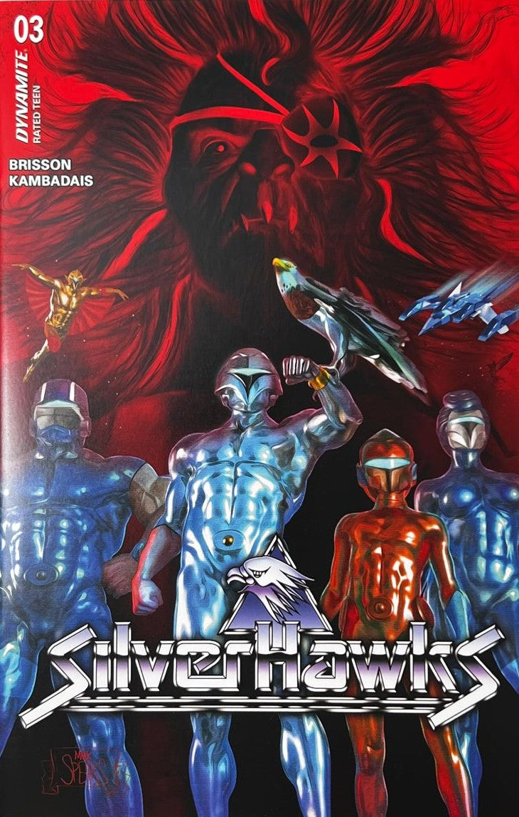 SilverHawks issue 3 virgin variant comic book published by Dynamite Entertainment featuring Mark Spears cover art of Quicksilver and team with MonStar in a red background.
