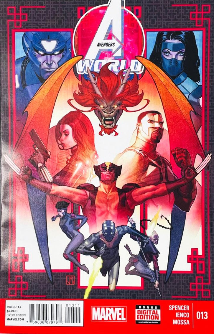 Avengers World issue 13 comic book published by Marvel Comics featuring Carmine Di Giandomenico cover art of Wolverine, Black Widow, and Falcon in front of a red dragon.