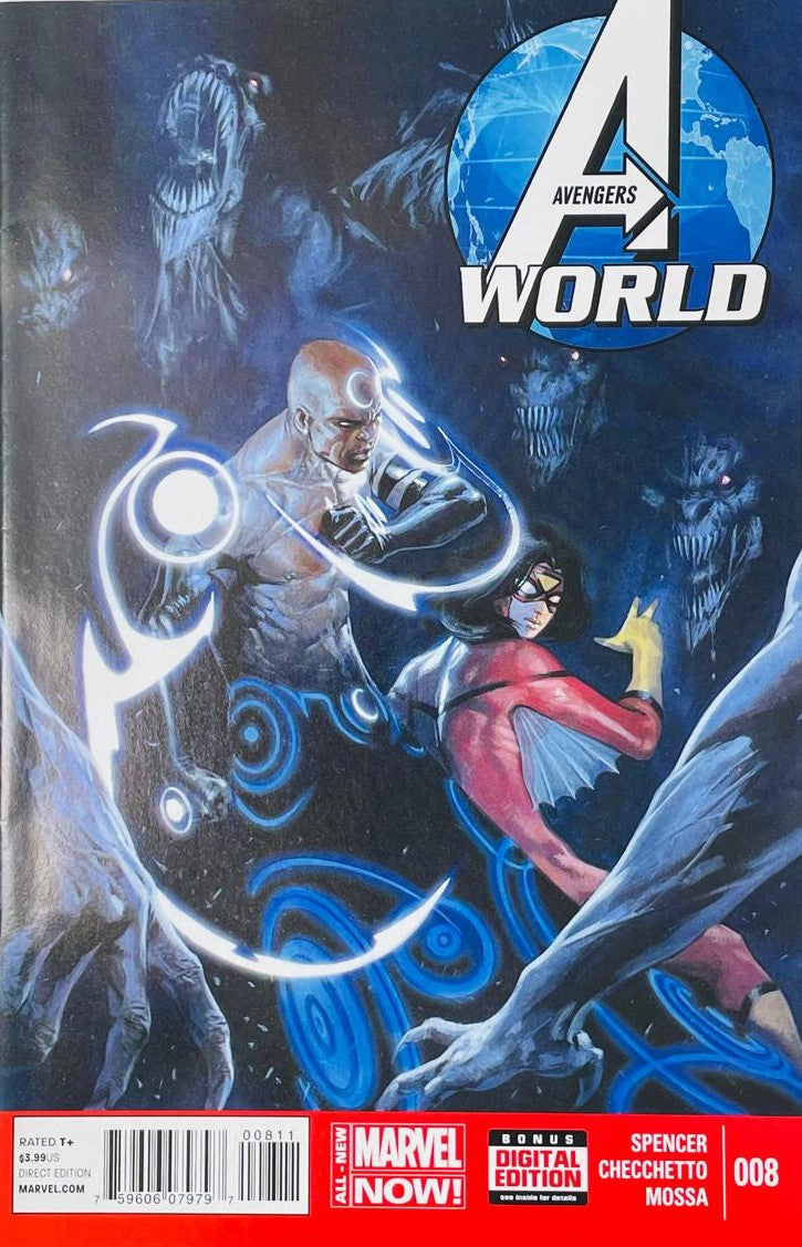 Avengers World issue 8 comic book published by Marvel Comics featuring Marco Checchetto cover art of Nightmask and Spider-Woman fighting shadowy monsters.