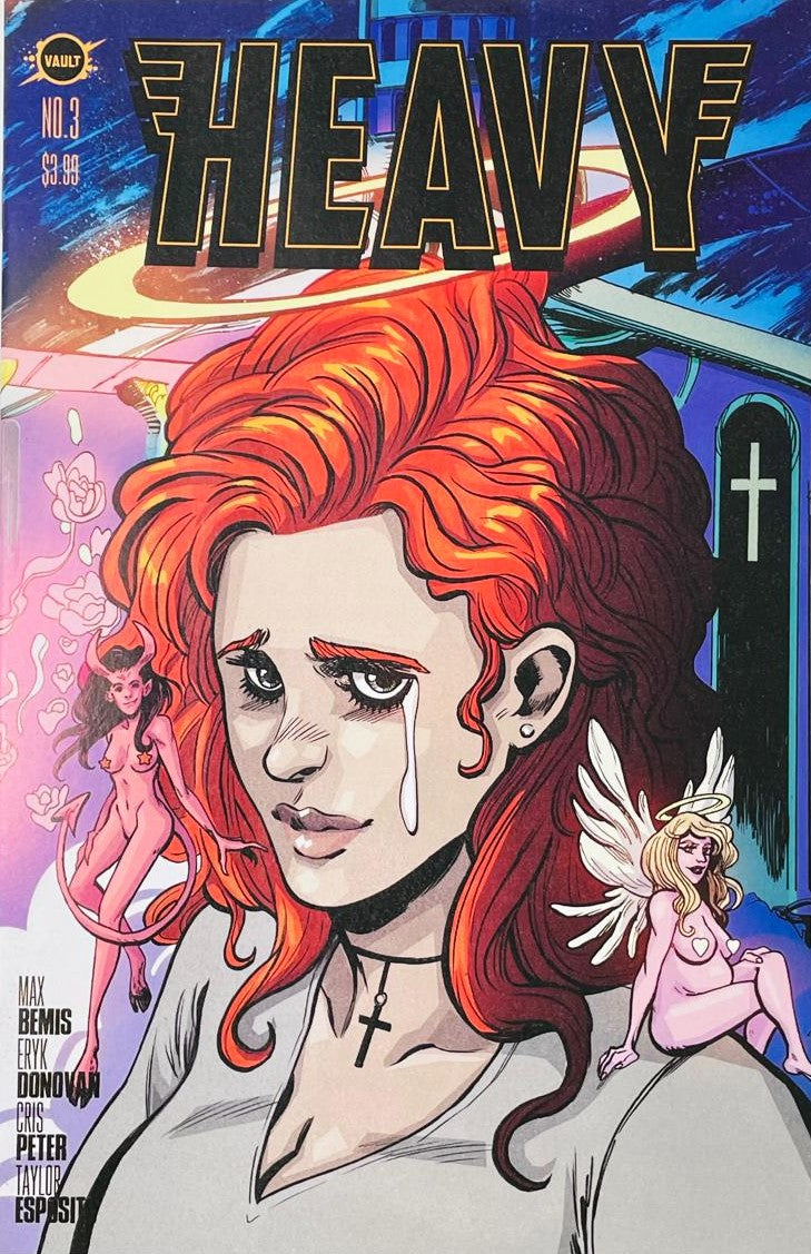 Heavy issue 3 comic book published by Vault Comics featuring Eryk Donovan cover art of a weeping red-haired woman with a small angel and devil.