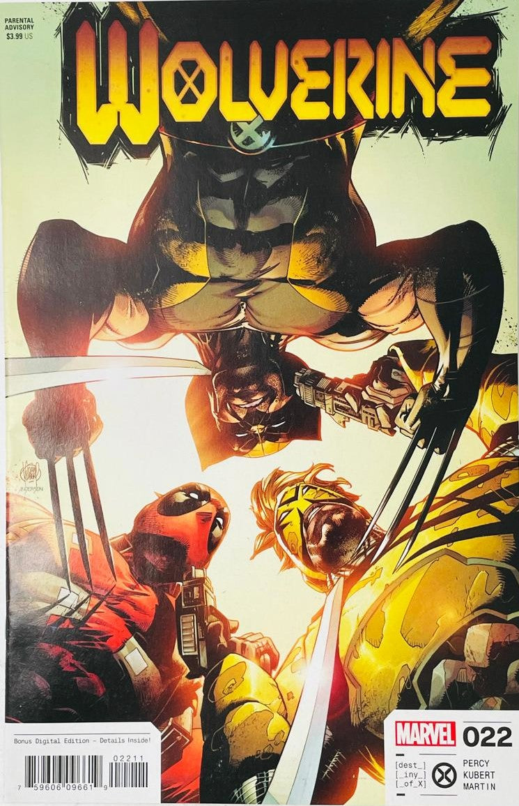 Wolverine issue 22 comic book published by Marvel Comics featuring Adam Kubert cover art of Wolverine crouching upside down above Deadpool and Maverick.
