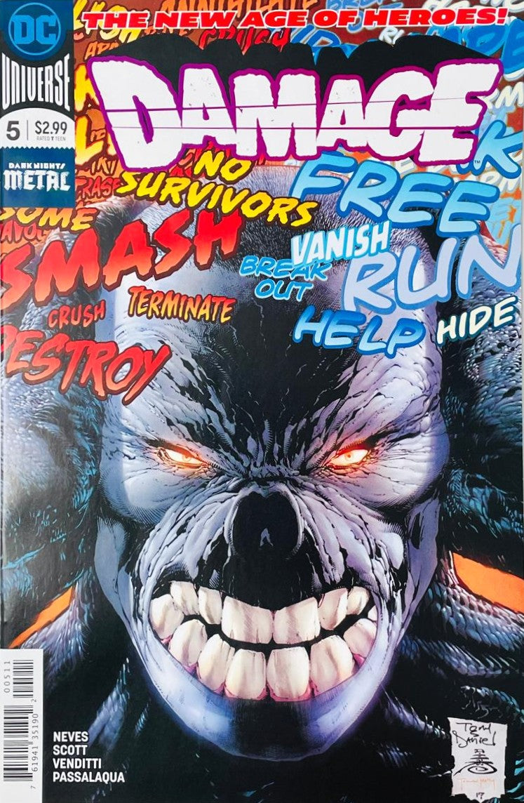 Damage issue 5 comic book published by DC Comics featuring Tony S Daniel cover art of the roaring monster face surrounded by chaotic action words.
