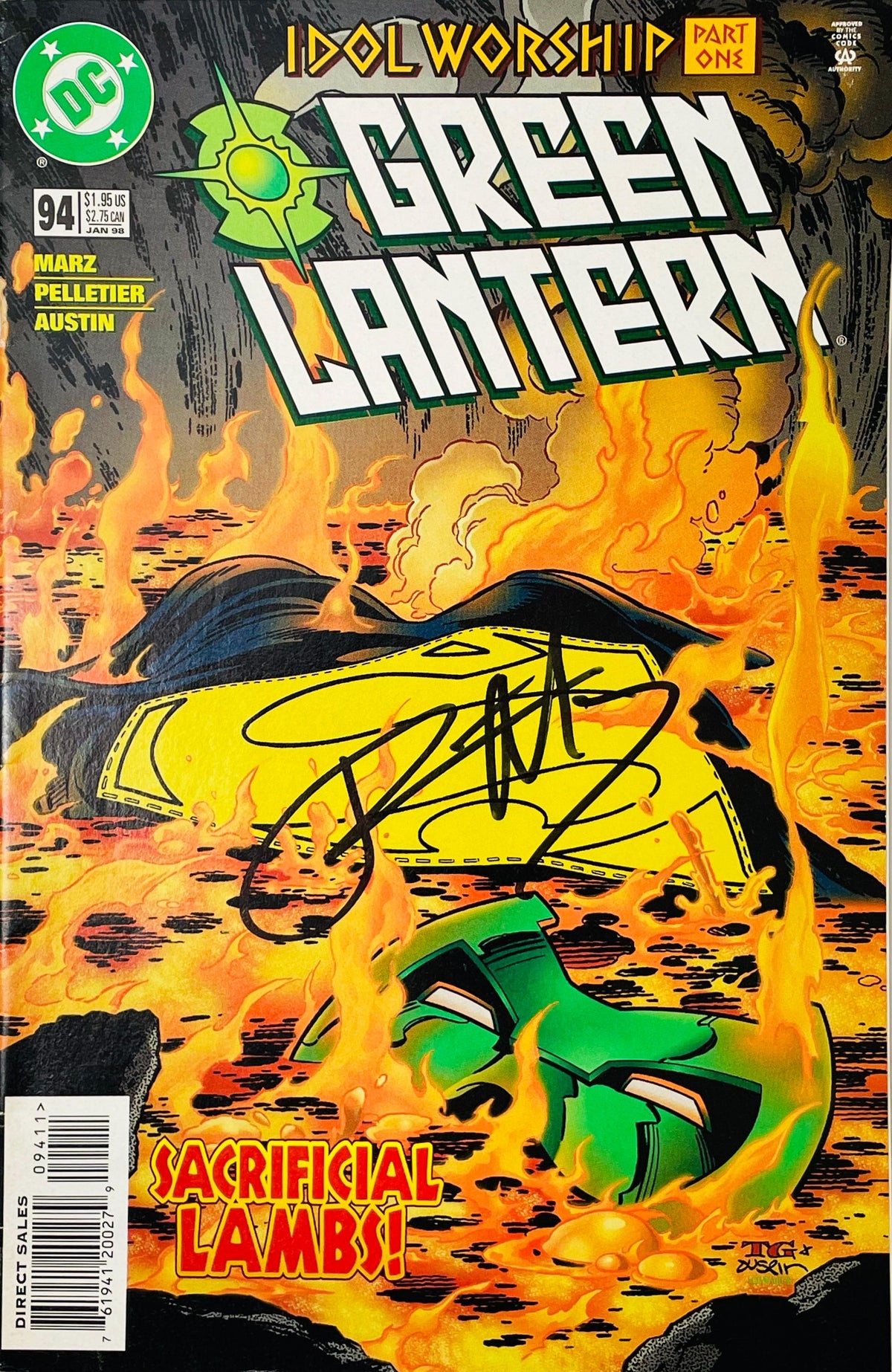 Green Lantern issue 94 signed comic book published by DC Comics featuring cover art of Kyle Rayner mask in flames and black signature across cover.