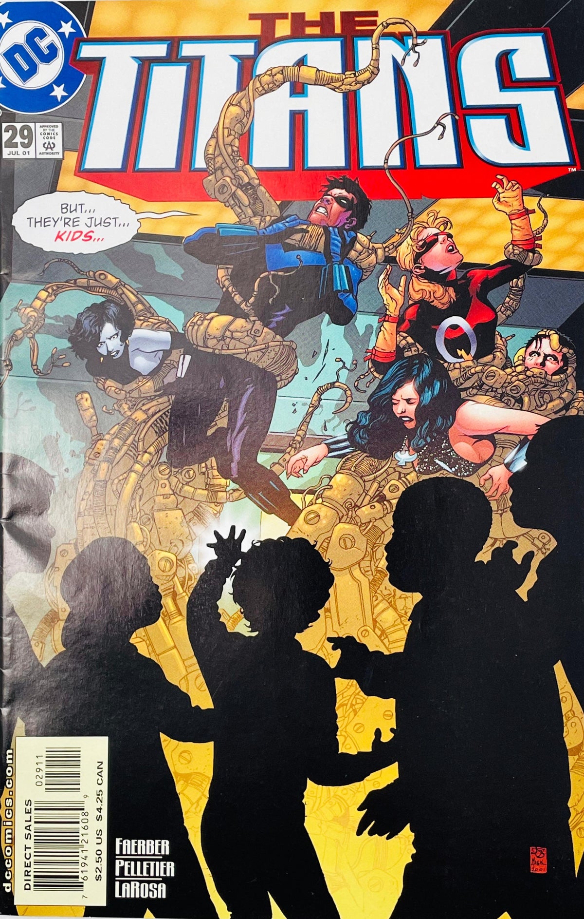 The Titans issue 29 comic book published by DC Comics featuring Nightwing, Donna Troy, and Cyborg bound in cables cover art by Paul Pelletier.