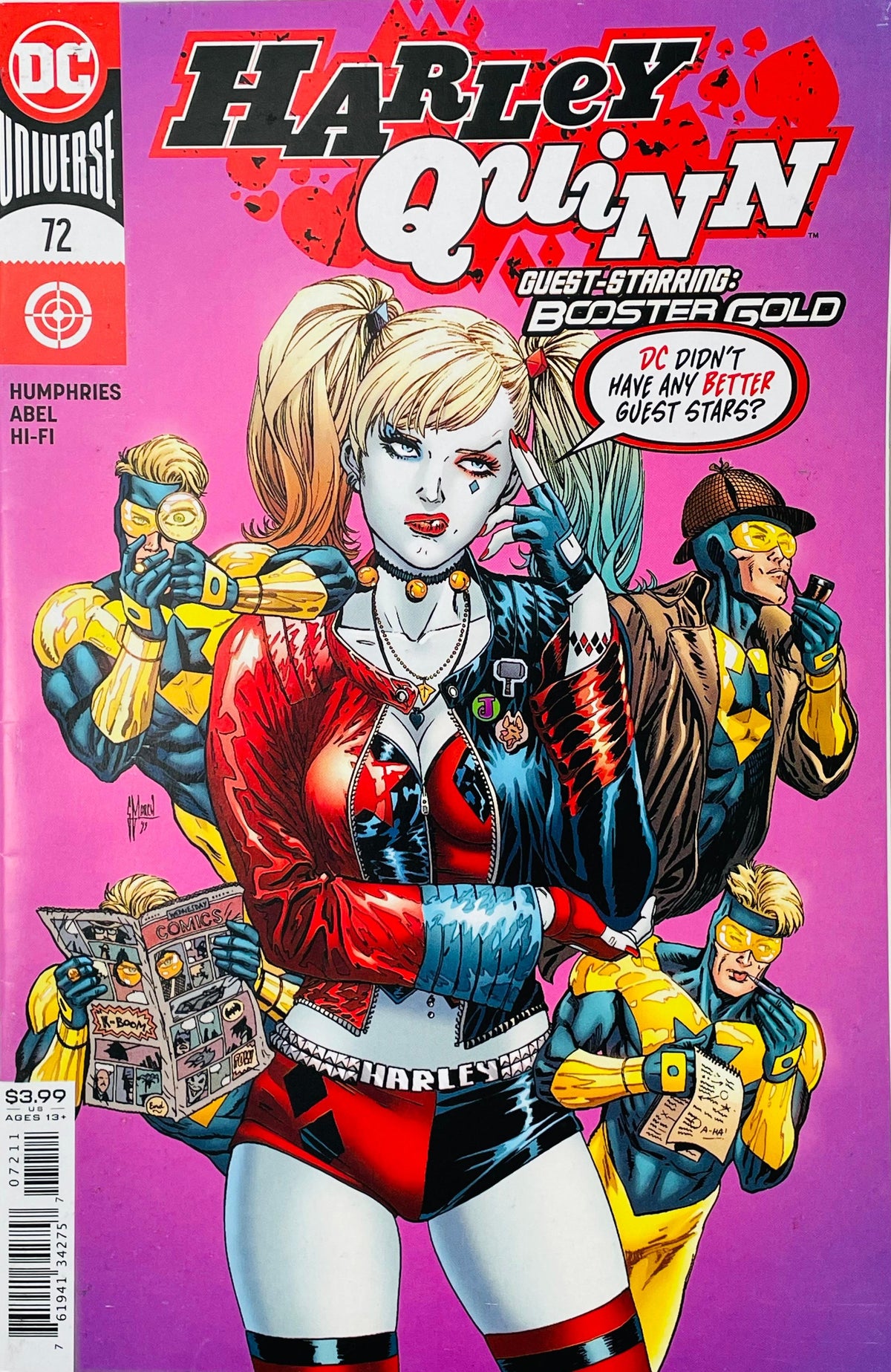 Harley Quinn issue 72 comic book published by DC Comics featuring Harley Quinn and Booster Gold cover art by Guillem March.