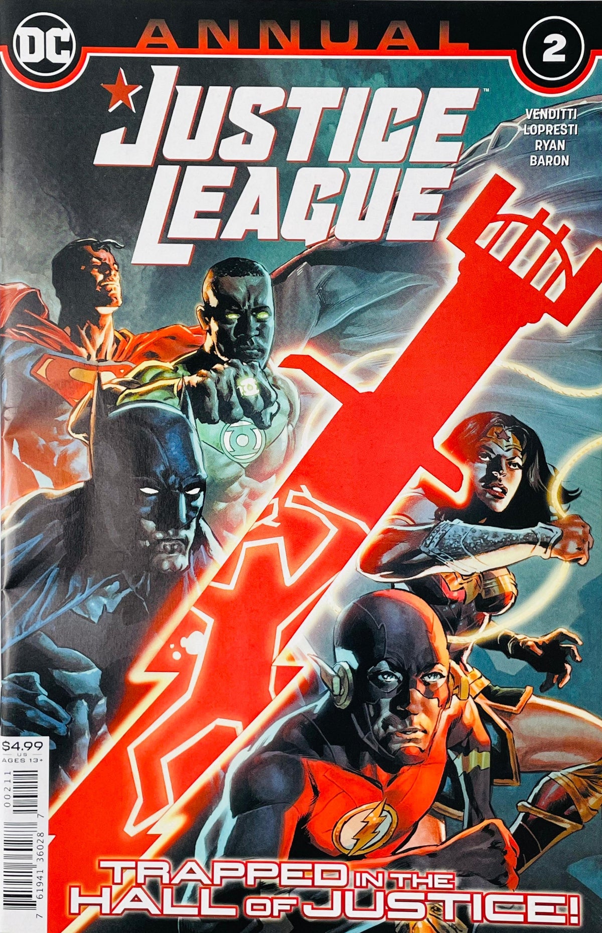 Justice League Annual issue 2 comic book published by DC Comics featuring Batman, Superman, Wonder Woman, Green Lantern, and The Flash cover art by Aaron Lopresti.