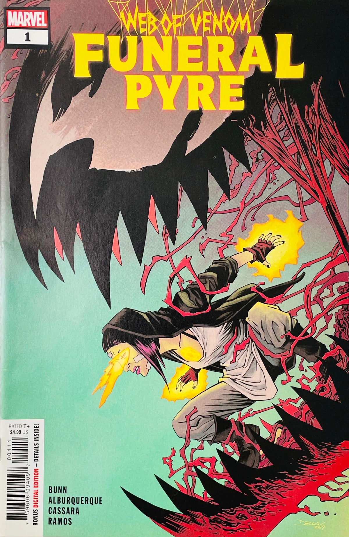 Web of Venom Funeral Pyre issue 1 comic book published by Marvel Comics featuring Andi Benton unleashing fire powers cover art by Declan Shalvey.