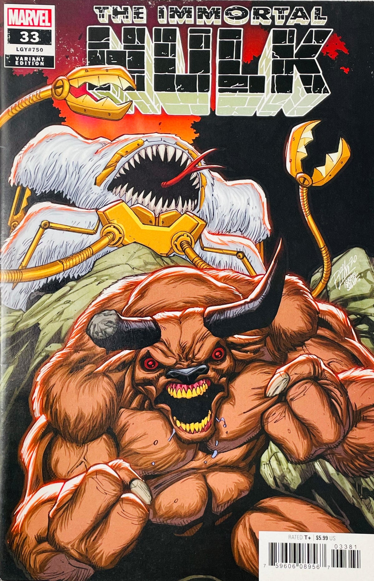The Immortal Hulk issue 33 Legacy 750 homage variant comic book published by Marvel Comics featuring Minotaur and Xemnu cover art by Dan Jurgens.