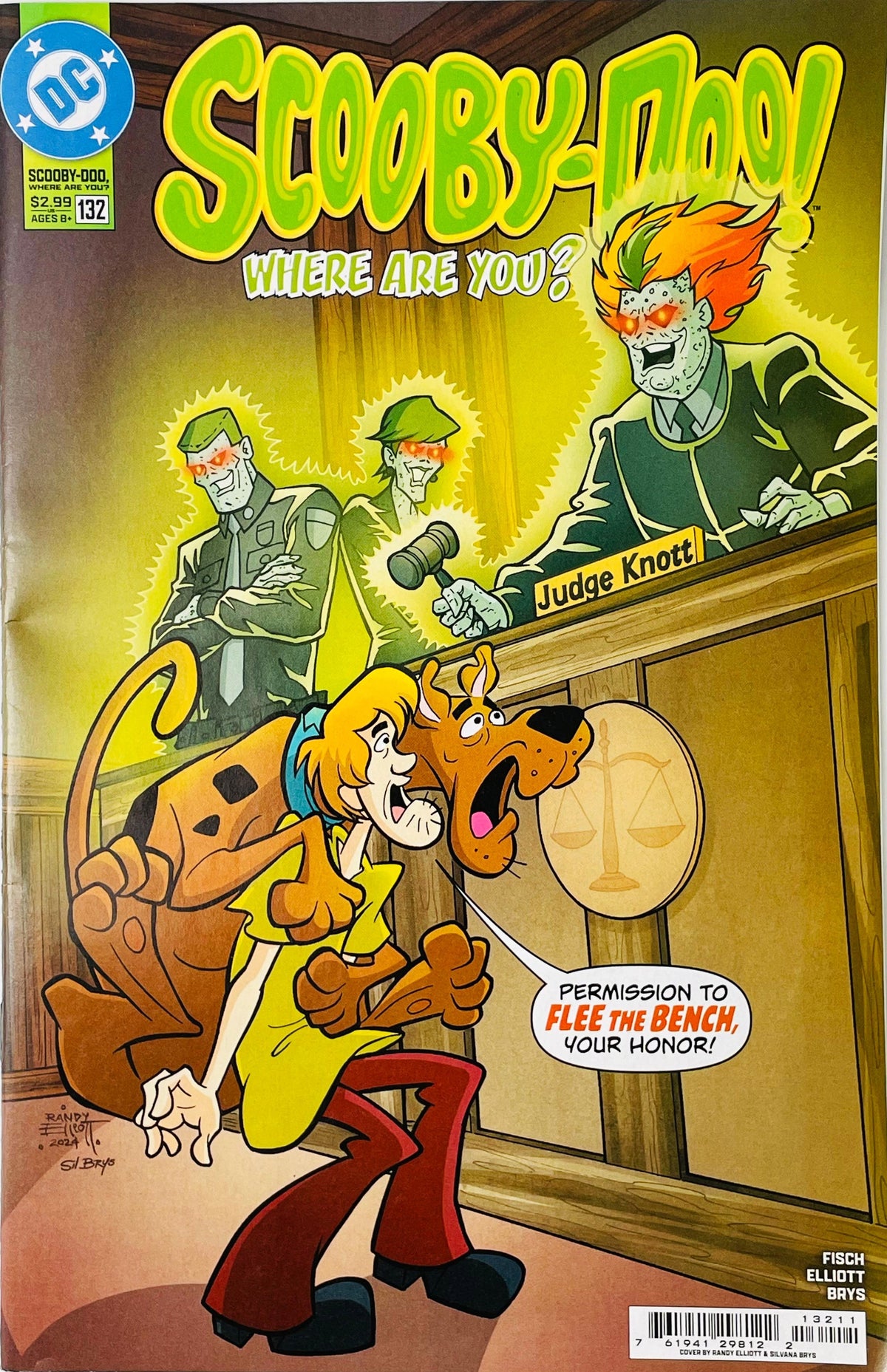 Scooby-Doo Where Are You issue 132 comic book published by DC Comics featuring Scooby-Doo jumping into Shaggy's arms in a haunted courtroom cover art by Randy Elliott.