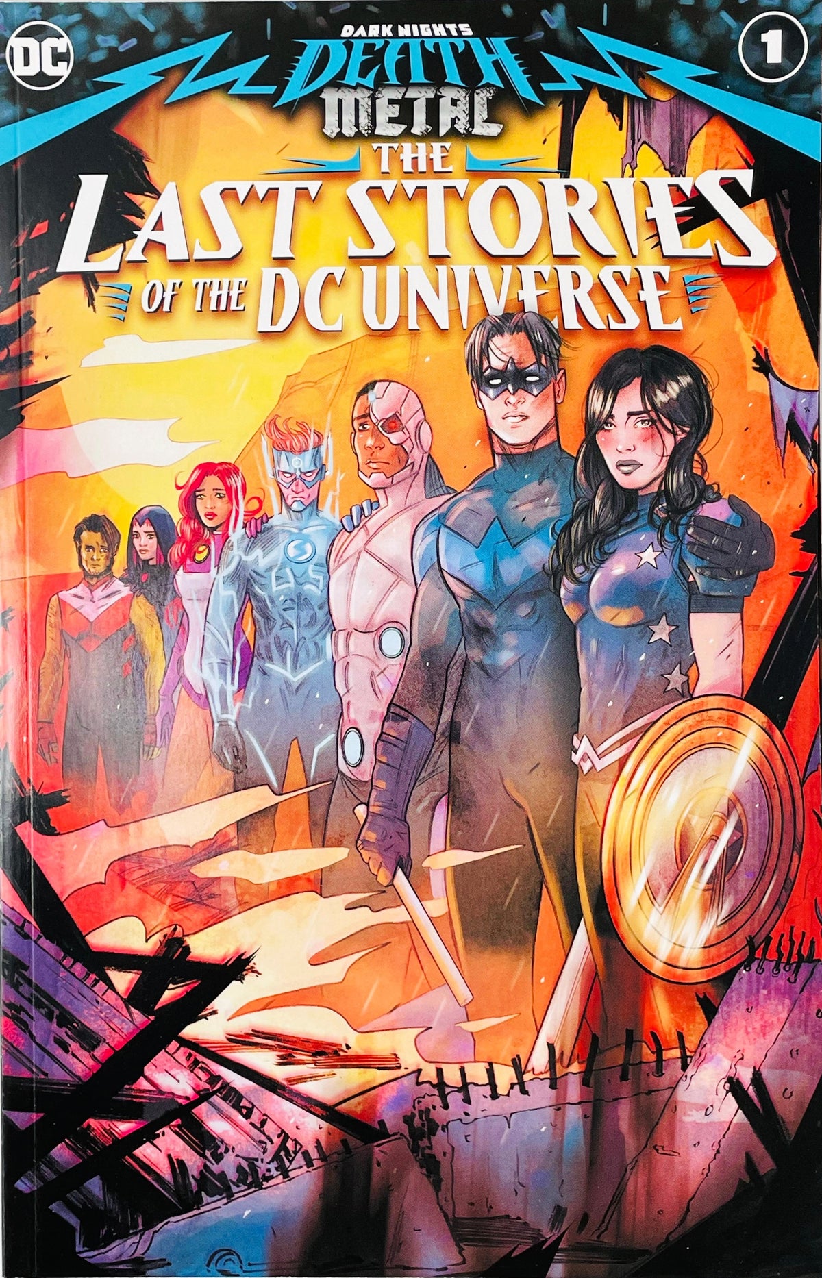 Nightwing and Donna Troy with the Titans standing together against a fiery sunset background on Dark Nights Death Metal The Last Stories of the DC Universe 1 Mirka Andolfo variant cover by DC Comics.