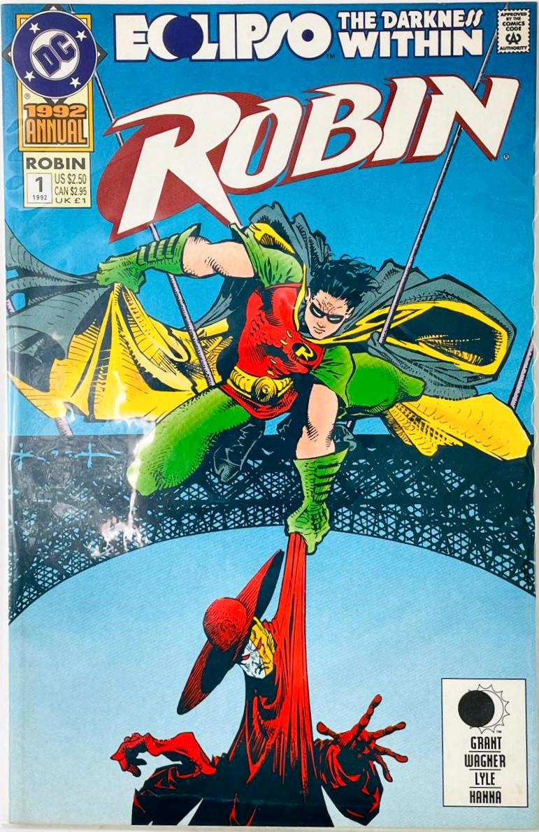Tim Drake as Robin swinging on a rope line surrounded by glowing yellow cape and red dark shadowy hands on Robin Annual 1 1992 Eclipso cover by DC Comics.