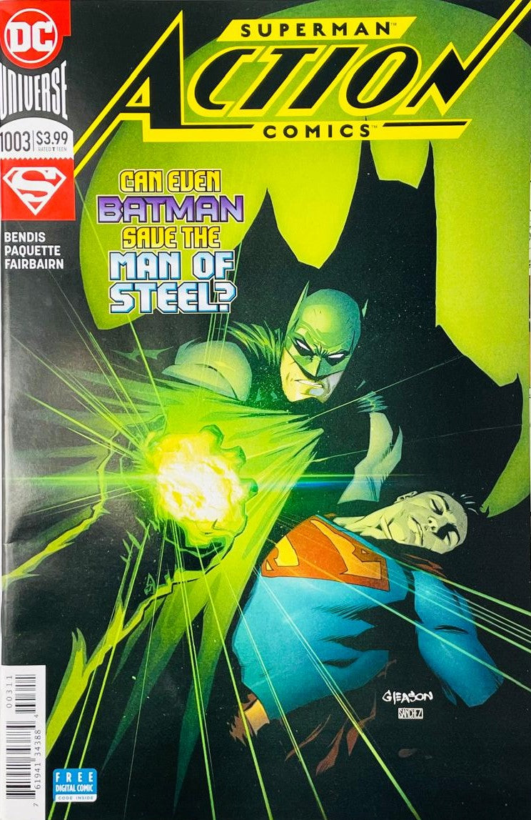 Batman shielding a weakened Superman with a glowing green fist on the main cover of Action Comics 1003 by Patrick Gleason for DC Comics.