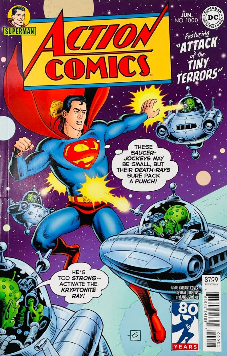 Retro 1950s style cover of Action Comics 1000 by Dave Gibbons showing Superman fighting green aliens in small flying saucers for DC Comics.