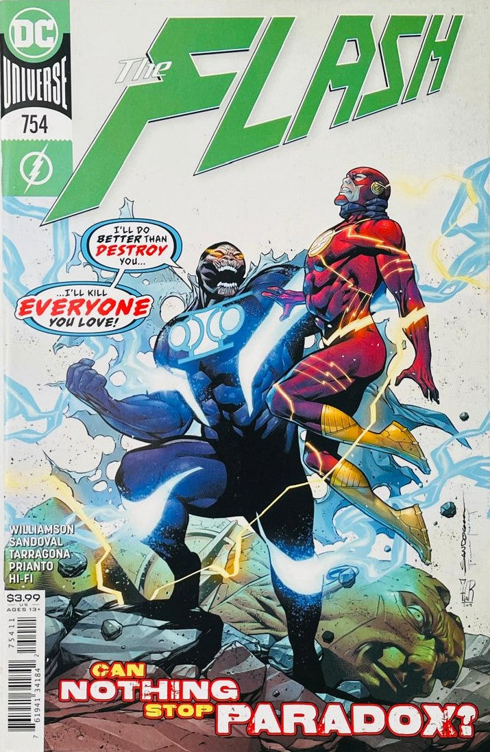 The cosmic villain Paradox holding Barry Allen as The Flash in the air surrounded by Speed Force lightning on the cover of The Flash 754 for DC Comics.