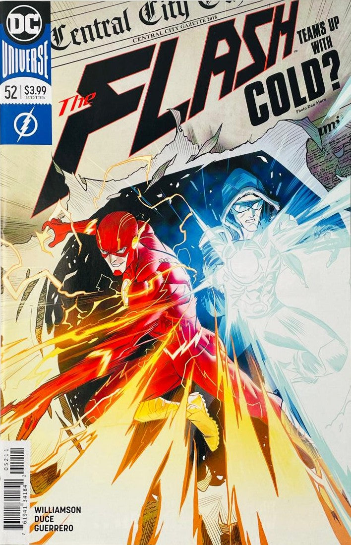 The Flash Barry Allen speeding forward alongside Captain Cold firing his ice gun through a Central City Gazette newspaper on the cover of The Flash 52 by Dan Mora for DC Comics.