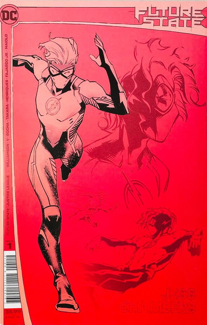 Jess Chambers as the Future State Flash running forward on a red dual-tone cover of Future State Justice League 1 for DC Comics.