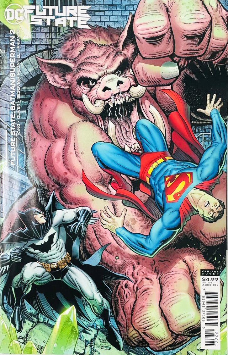 Batman and Superman fighting a giant monstrous boar creature surrounded by glowing Kryptonite on the variant cover of Future State Batman Superman 2 by Arthur Adams for DC Comics.