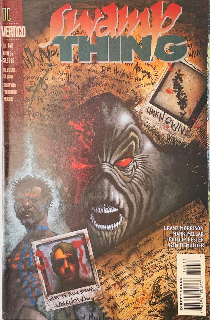 Swamp Thing face with a glowing red eye emerging from walls covered in scribbled writing and polaroid pictures on the cover of Swamp Thing 140 for DC Vertigo.