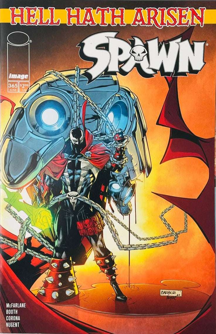 Spawn standing in blood with glowing green necroplasmic energy on his fist holding chains attached to a massive metallic helmet on the cover of Spawn 353 for Image Comics.