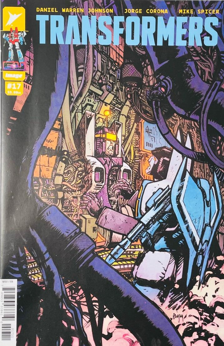 Thundercracker amidst complex Cybertronian wiring and mechanical consoles on the cover of Transformers 17 by Jorge Corona for Image Comics and Skybound.