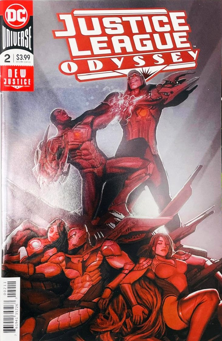 Darkseid holding Cyborg by the throat above the defeated bodies of Jessica Cruz, Azrael, and Starfire on the cover of Justice League Odyssey 2 for DC Comics by Stjepan Sejic.