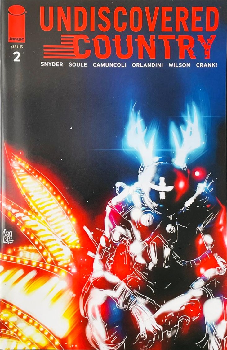 A futuristic figure in a high-tech suit with glowing blue antlers and neon red lighting on the cover of Undiscovered Country 2 for Image Comics.