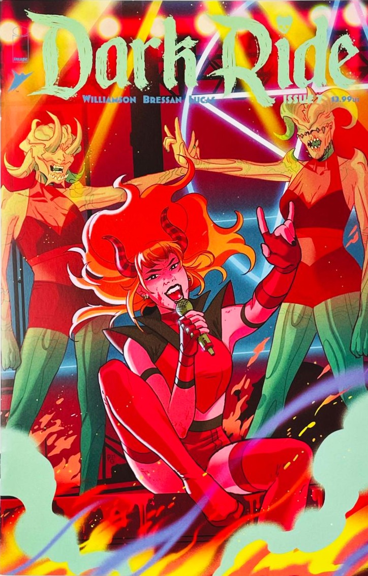 A horned demoness singing on stage with demonic backup dancers under neon lights on the cover of Dark Ride 7 for Image Comics by Dan Panosian.