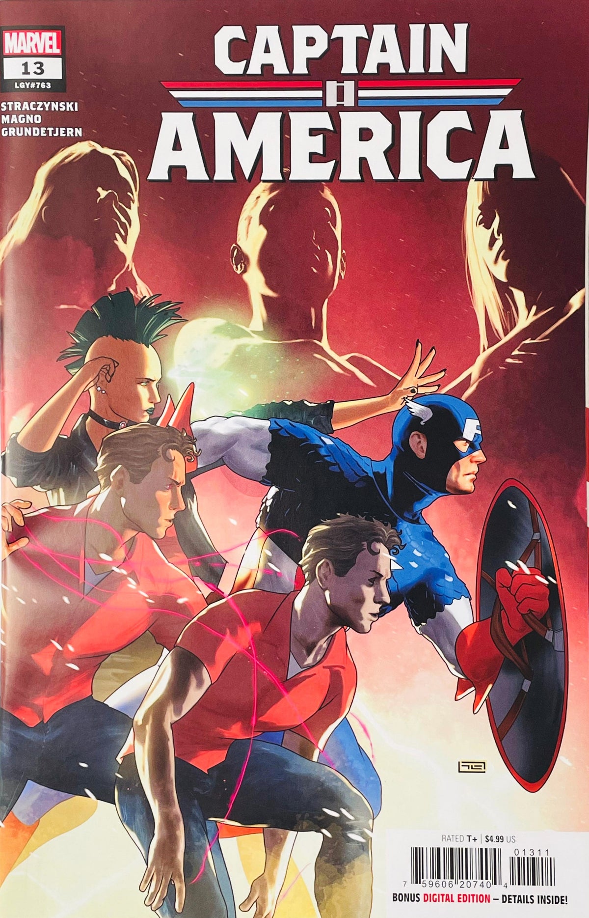 Captain America with shield leading a group of young heroes against a red glowing background on the cover of Captain America 13.