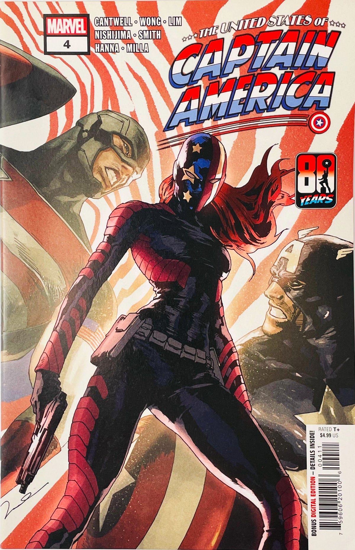 Ari Agbayani in mask holding a handgun in front of Steve Rogers and Sam Wilson on the cover of The United States of Captain America 4.