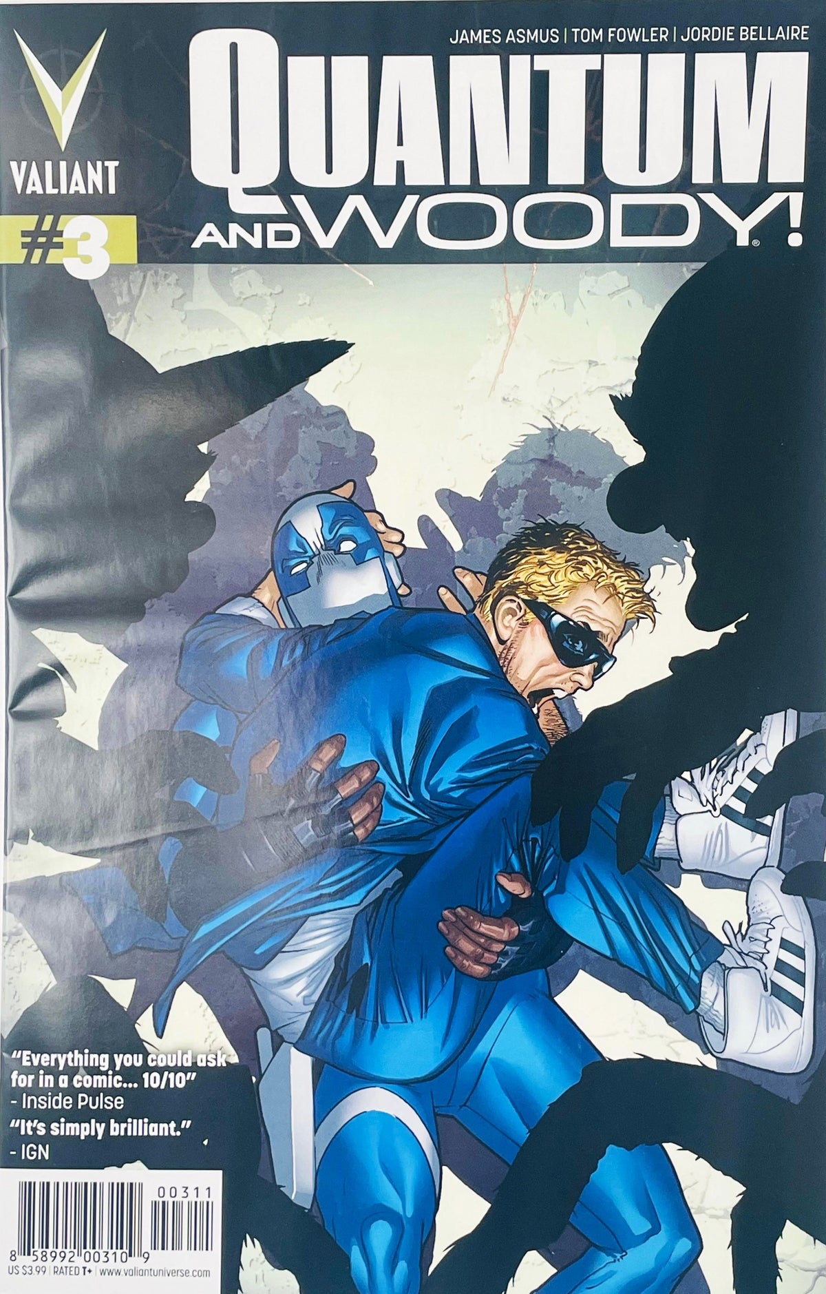 Quantum holding a panicked Woody in his arms while surrounded by shadowy monster hands on the Tom Fowler cover of Quantum and Woody 3.